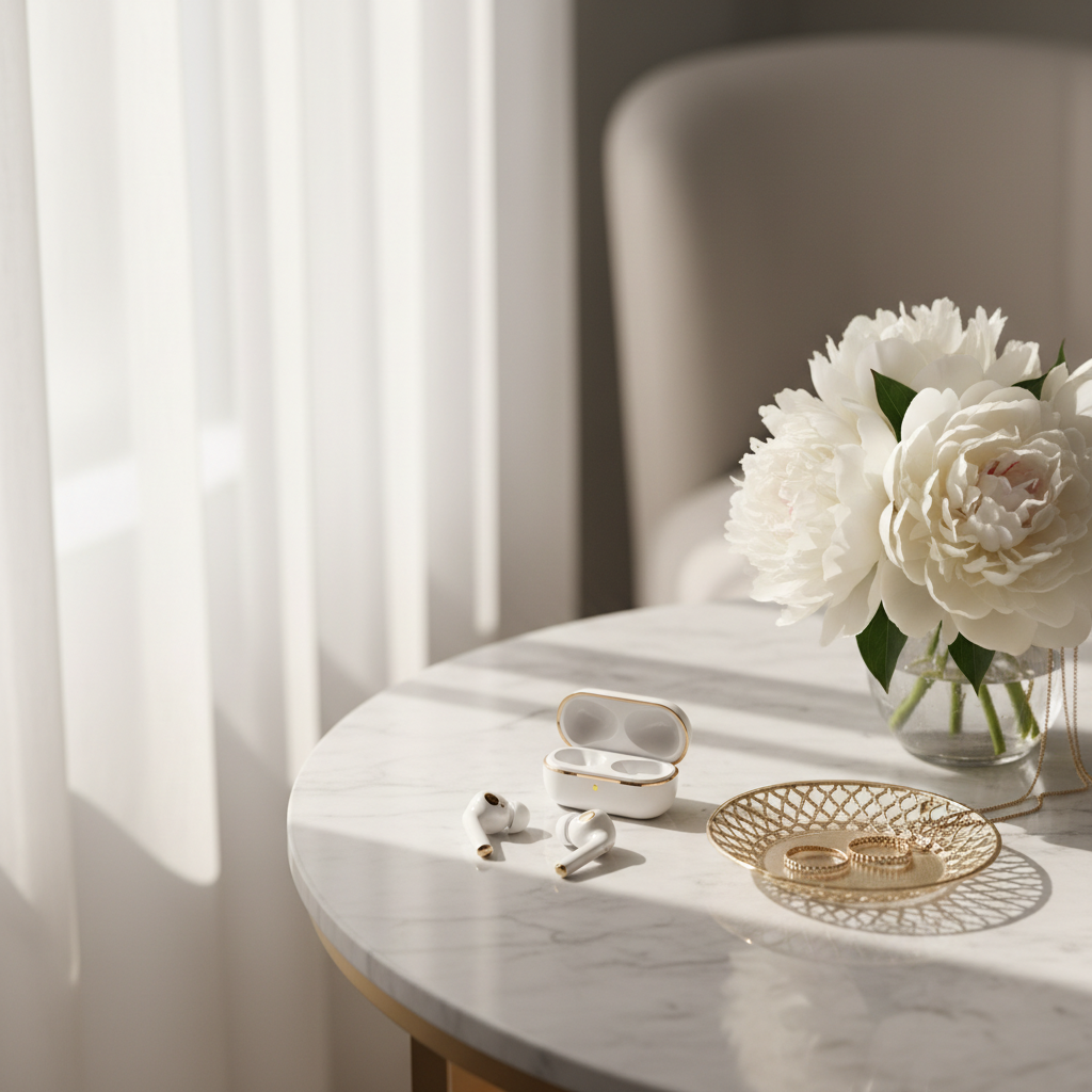 Premium earbuds lifestyle product photo with marble table and flowers - Instagram ready