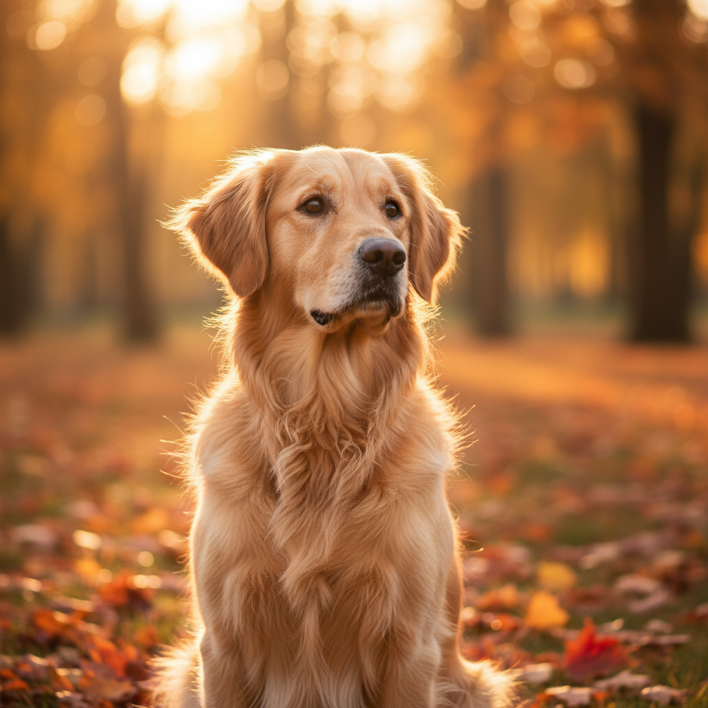Advanced prompt result: golden retriever with 85mm lens bokeh and golden hour lighting