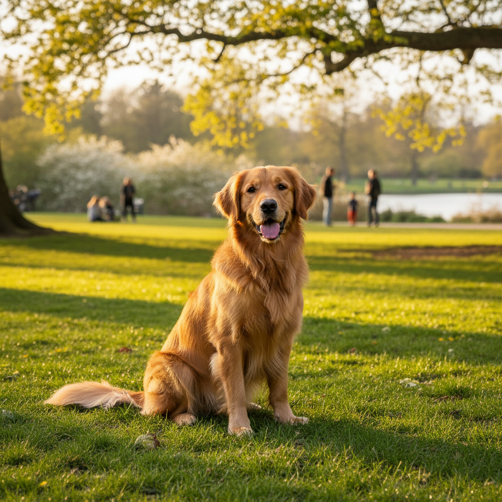 Beginner prompt result: golden retriever in park with warm sunlight